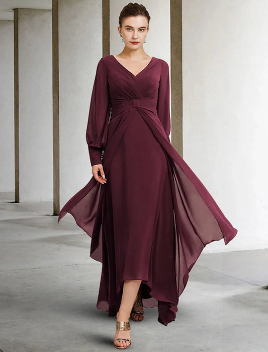 A-Line Mother of the Bride Dress Plus Size Elegant High Low V Neck Asymmetrical Floor Length Chiffon Long Sleeve with Pleats Ruched by YiHuiw