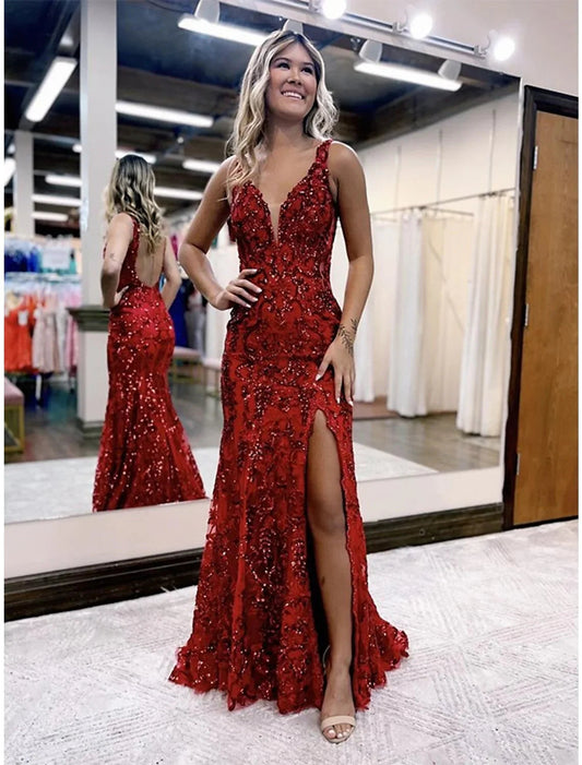Mermaid / Trumpet Prom Dresses Sparkle & Shine Dress Formal Sweep / Brush Train Sleeveless V Neck Sequined Backless with Sequin by YiHuiw