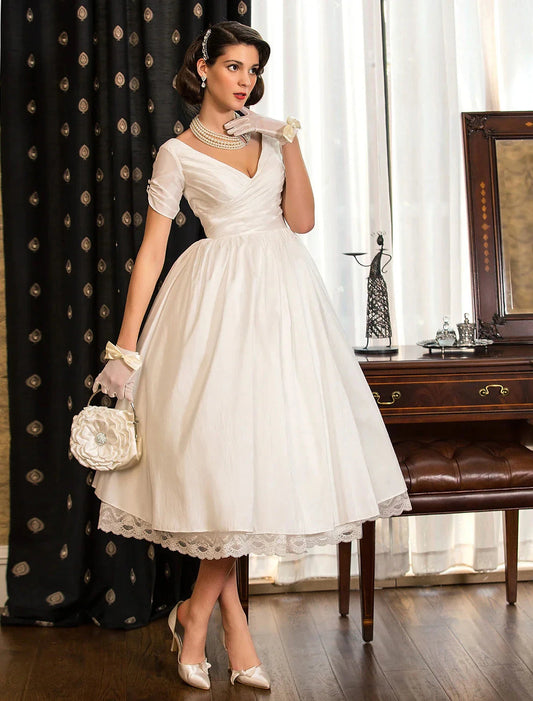 Reception Wedding Dresses Vintage 1940s / 1950s Little White Dresses A-Line V Neck Short Sleeve Tea Length Satin Bridal Gowns With Lace Criss Cross Summer Fall Wedding Party Women's Clothing by YiHuiw
