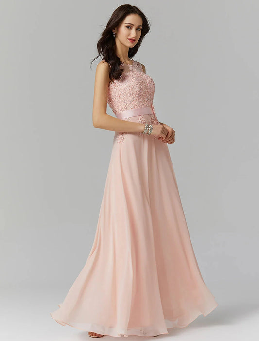 A-Line Bridesmaid Dress Jewel Neck Sleeveless Elegant Floor Length Chiffon / Lace with Appliques by YiHuiw