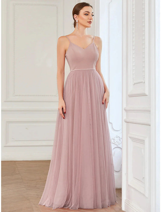 A-Line Prom Dresses Vintage Dress Wedding Guest Floor Length Sleeveless V Neck Tulle V Back with Pleats Draping by YiHuiw