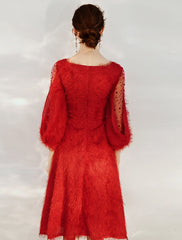 A-Line Cocktail Dresses Princess Dress Cocktail Party Valentine's Day Tea Length 3/4 Length Sleeve Jewel Neck Nylon with Sash / Ribbon Pure Color