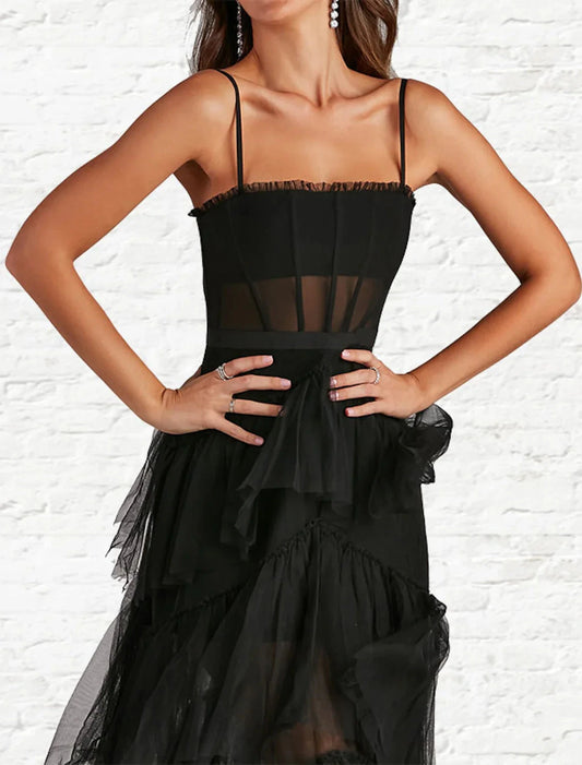 A-Line Prom Dresses Corsets Dress Party Wear Ankle Length Sleeveless Strapless Tulle Ladder Back with Ruffles Pure Color by YiHuiw