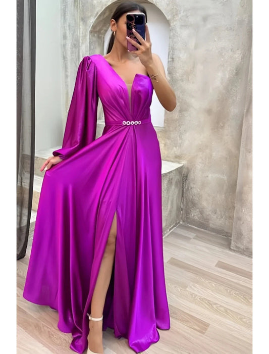 A-Line Evening Gown High Split Dress Formal Fall Sweep / Brush Train Long Sleeve One Shoulder Satin with Pleats Crystals Slit by YiHuiw
