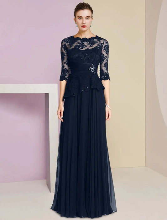 A-Line Mother of the Bride Dress Formal Wedding Guest Elegant Scoop Neck Floor Length Chiffon Lace Half Sleeve with Pleats Appliques Crystal Brooch by YiHuiw