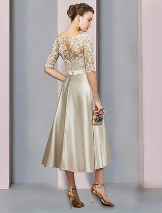 Sheath / Column Mother of the Bride Dress Wedding Guest Party Elegant Scoop Neck Tea Length Satin Lace Half Sleeve with Bow(s) Pleats by YiHuiw