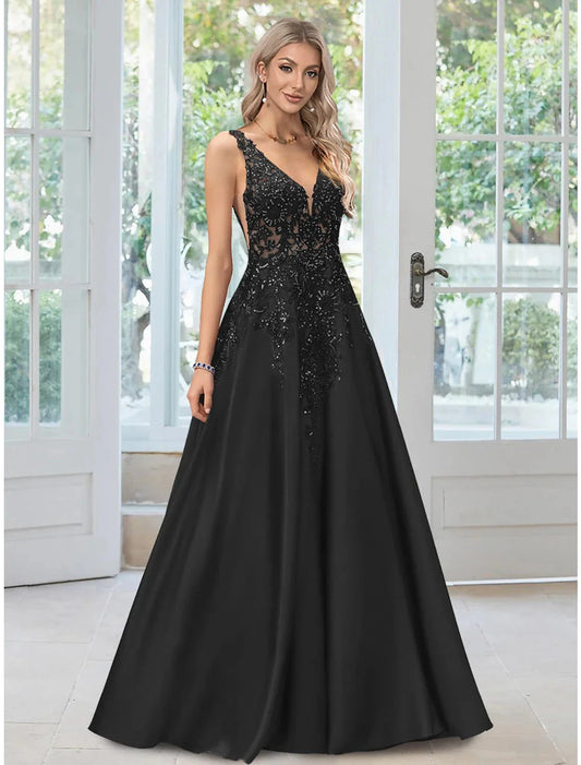 A-Line Evening Gown Black Dress Formal Floor Length Sleeveless V Neck Lace with Appliques by YiHuiw