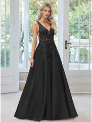 A-Line Evening Gown Black Dress Formal Floor Length Sleeveless V Neck Lace with Appliques
