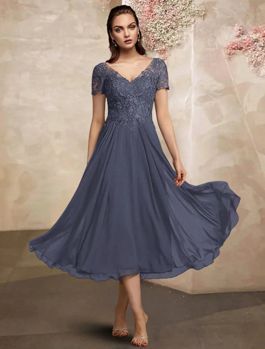 A-Line Mother of the Bride Dress Plus Size Elegant V Neck Tea Length Chiffon Lace Short Sleeve with Pleats Appliques by YiHuiw