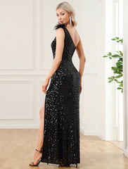 Mermaid / Trumpet Party Dresses Vintage Dress Formal Wedding Guest Floor Length Sleeveless One Shoulder Sequined with Feather Sequin Slit