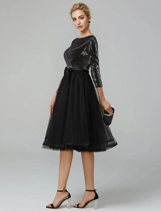 A-Line Cocktail Dresses Sparkle & Shine Dress Formal Tea Length 3/4 Length Sleeve Jewel Neck Fall Wedding Guest Tulle with Sequin Strappy by YiHuiw