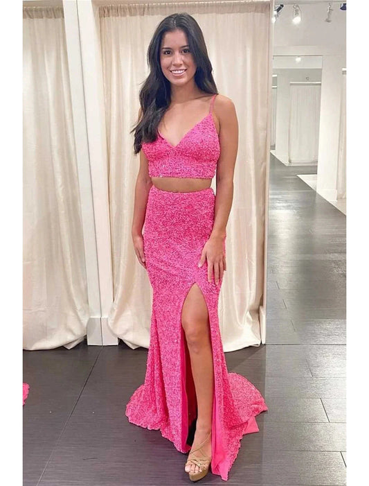 Two Piece Ball Gown Mermaid / Trumpet Prom Dresses Sparkle & Shine Dress Party Wear Sweep / Brush Train Sleeveless Spaghetti Strap Sequined Backless with Sequin Slit by YiHuiw