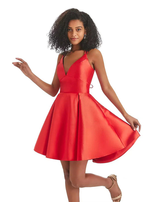 A-Line Homecoming Dresses Backless Dress Holiday Birthday Short / Mini Sleeveless V Neck Satin with Pleats by YiHuiw