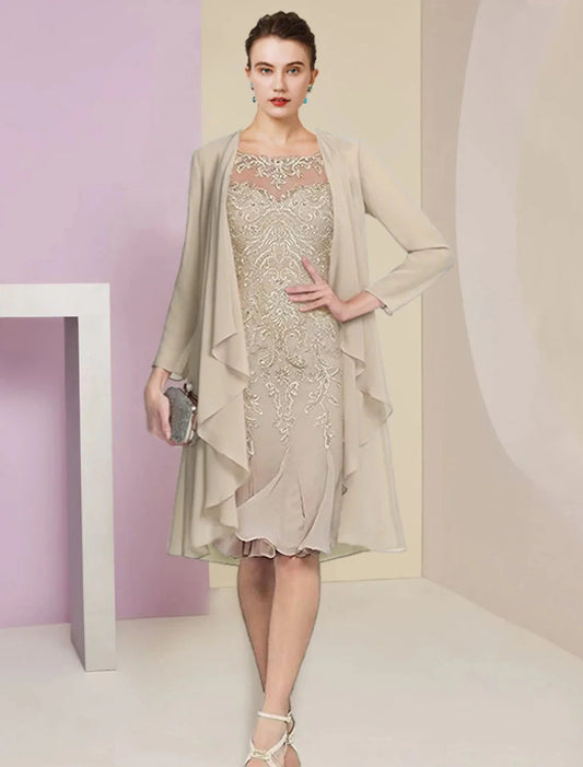 Two Piece Mermaid / Trumpet Mother of the Bride Dress Formal Wedding Guest Vintage Elegant Scoop Neck Knee Length Chiffon Lace Half Sleeve Jacket Dresses with Pleats Appliques by YiHuiw