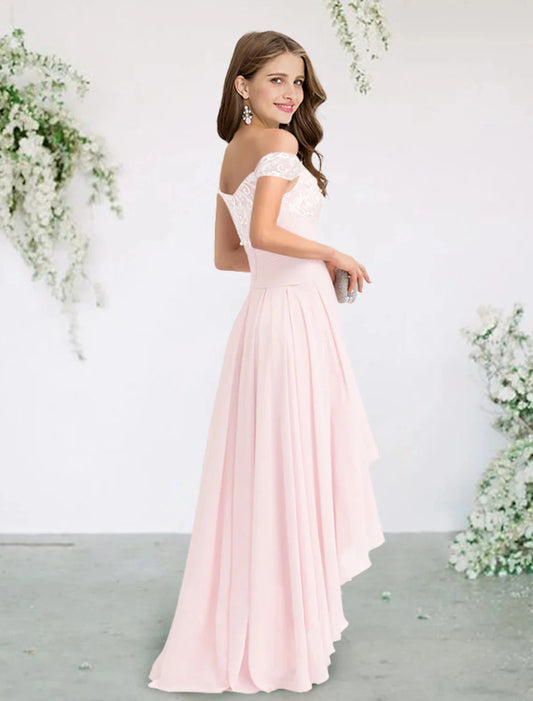 A-Line Bridesmaid Dress Off Shoulder Short Sleeve Elegant Sweep / Brush Train / Asymmetrical Chiffon / Lace with Appliques by YiHuiw