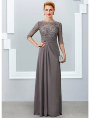 A-Line Mother of the Bride Dress Elegant V Neck Floor Length Chiffon Lace Short Sleeve with Pleats Appliques