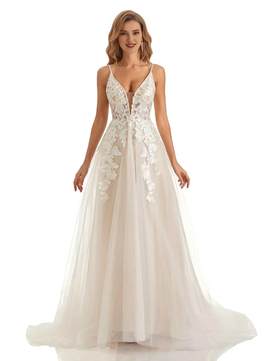 A-Line Spaghetti Strap Floor-Length Wedding Dress - Yihuiw by Yihuiw