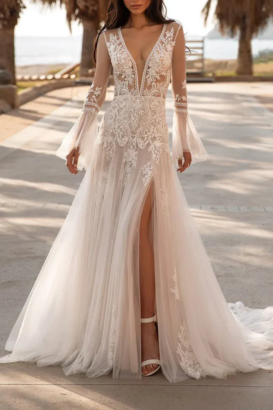 A-Line V-Neck Floor-Length Wedding Dress - Yihuiw by Yihuiw