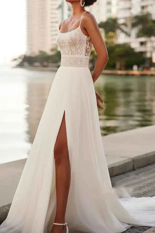 A-Line Spaghetti Strap Chiffon Floor-Length Wedding Dress - Yihuiw by Yihuiw