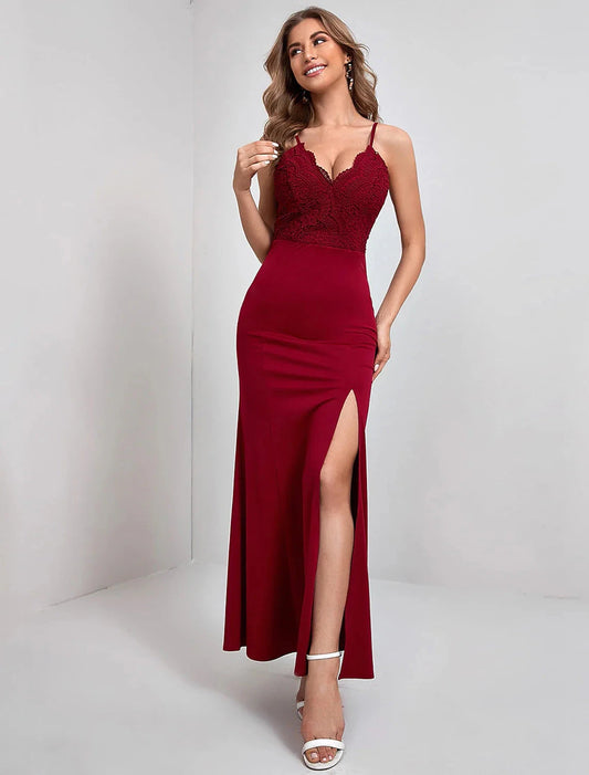 Sheath / Column Evening Gown Vintage Dress Party Wear Formal Evening Ankle Length Sleeveless Spaghetti Strap Nylon with Slit Lace Insert Pure Color by YiHuiw