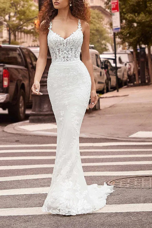 Mermaid V-Neck Floor-Length Wedding Dress - Yihuiw by Yihuiw