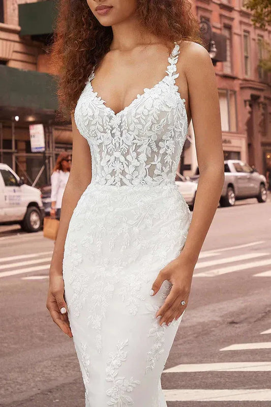 Mermaid V-Neck Floor-Length Wedding Dress - Yihuiw by Yihuiw