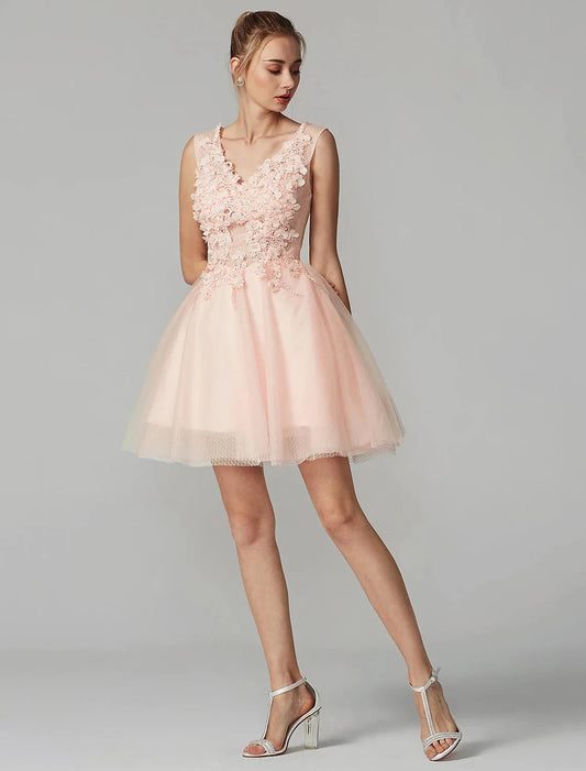 A-Line Party Dress Homecoming Graduation Short / Mini Sleeveless V Neck Lace Over Tulle with Crystals Appliques by YiHuiw