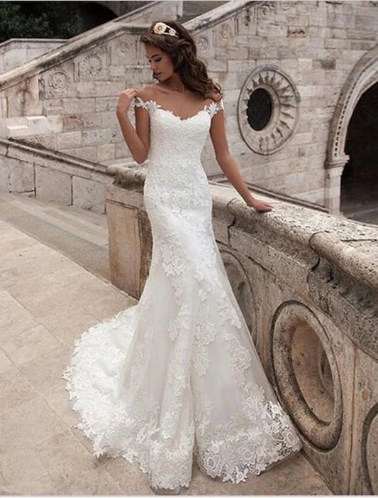 Engagement Open Back Formal Wedding Dresses Mermaid / Trumpet Off Shoulder Cap Sleeve Court Train Lace Bridal Gowns With Appliques Summer Wedding Party Women's Clothing by YiHuiw