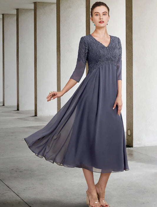 A-Line Mother of the Bride Dress Fall Wedding Guest Plus Size Elegant V Neck Tea Length Chiffon Lace 3/4 Length Sleeve with Ruffles Appliques by YiHuiw