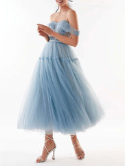 A-Line Prom Dresses Elegant Dress Wedding Guest Prom Ankle Length Short Sleeve Off Shoulder Tulle with Pleats Pure Color