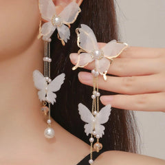 Butterfly Tassel Lace Pearl Rhinestone Pearl Earrings