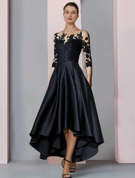 A-Line Mother of the Bride Dress Fall Wedding Guest Elegant High Low Scoop Neck Asymmetrical Tea Length Satin Lace 3/4 Length Sleeve with Pleats Appliques by YiHuiw
