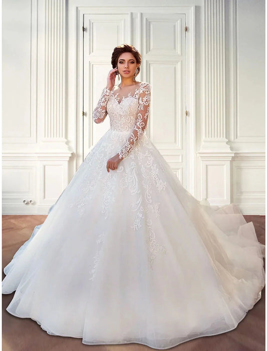 Engagement Formal Fall Wedding Dresses Ball Gown Illusion Neck Long Sleeve Court Train Lace Bridal Gowns With Lace Appliques Summer Wedding Party Women‘s Clothing by YiHuiw