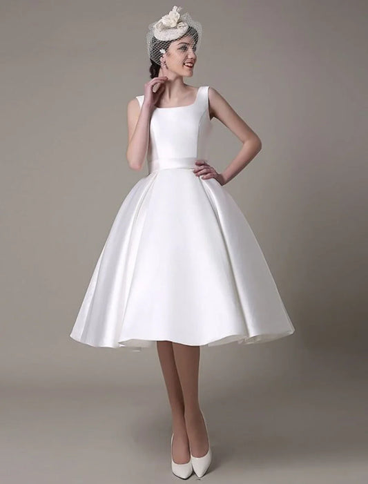 A-Line Cocktail Dresses Party Dress Graduation Wedding Guest Knee Length Sleeveless Square Neck Satin with Pleats by YiHuiw