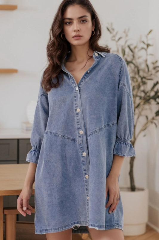distressed collared neck flounce sleeve denim dress