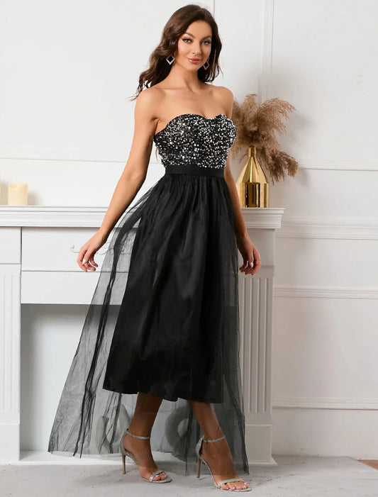 A-Line Party Dresses Sparkle & Shine Dress Holiday Floor Length Sleeveless Strapless Sequined with Sequin by YiHuiw