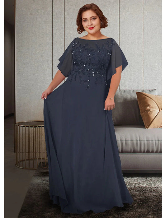 A-Line Mother of the Bride Dress Plus Size Elegant Jewel Neck Floor Length Chiffon Lace Half Sleeve with Appliques by YiHuiw