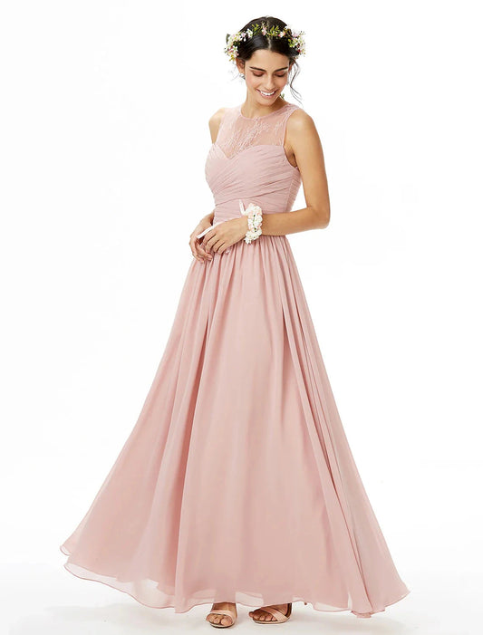 A-Line Bridesmaid Dress Jewel Neck Sleeveless See Through Floor Length Chiffon / Lace with Lace / Criss Cross / Pleats by YiHuiw