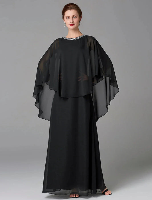 A-Line Mother of the Bride Dress Wedding Guest Plus Size Elegant Jewel Neck Floor Length Chiffon Sleeveless with Beading Fall by YiHuiw