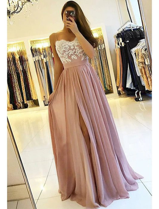 A-line/Princess Sweetheart Sleeveless Long/Floor-Length Chiffon Prom Dress With Split Appliqued by YiHuiw