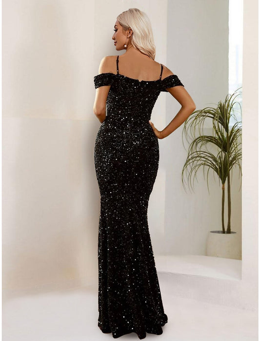 Mermaid / Trumpet Evening Gown Black Dress Formal Floor Length Short Sleeve Spaghetti Strap Sequined with Sequin by YiHuiw
