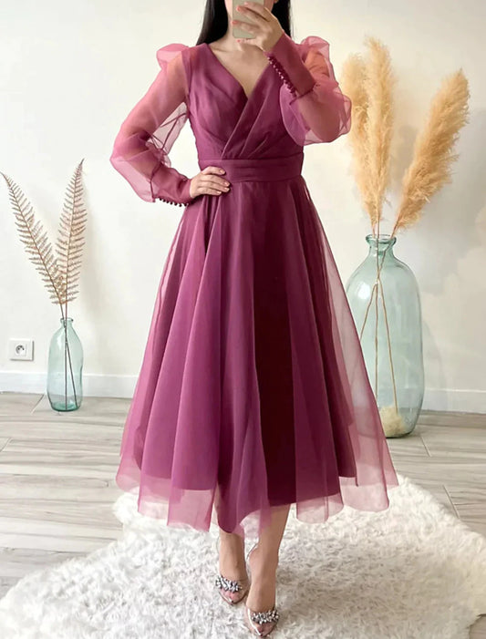 A-Line Cocktail Dresses Minimalist Dress Christmas Red Green Dress Wedding Guest Tea Length Long Sleeve V Neck Organza with Buttons Pure Color by YiHuiw