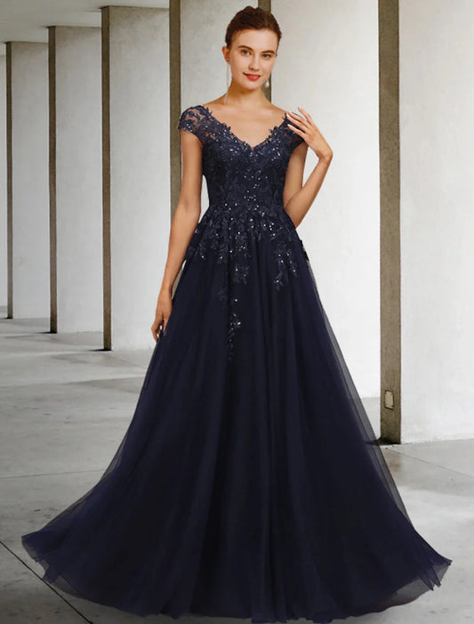 A-Line Mother of the Bride Dress Vintage Elegant V Neck Floor Length Tulle Sequined Cap Sleeve with Sequin Appliques by YiHuiw