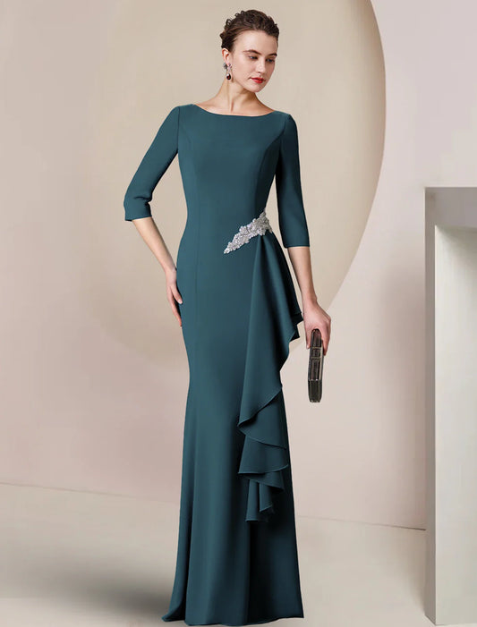 Sheath / Column Mother of the Bride Dress Wedding Guest Party Elegant Scoop Neck Floor Length Fabric 3/4 Length Sleeve with Crystal Brooch Ruching