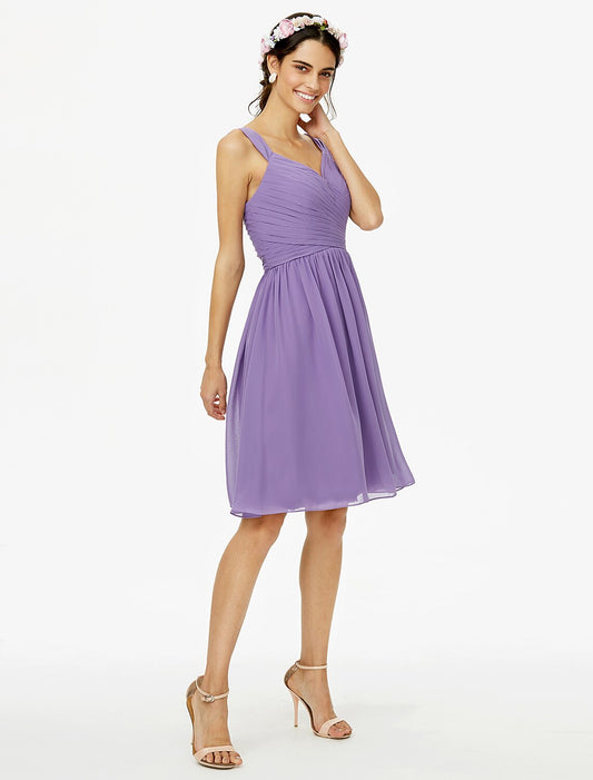 A-Line Bridesmaid Dress Straps Sleeveless Open Back Knee Length Chiffon with Sash / Ribbon / Bow(s) / Criss Cross by YiHuiw