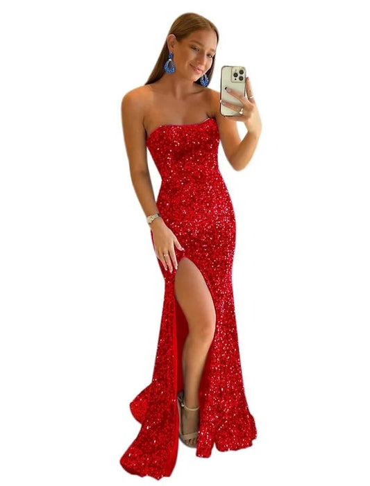 Mermaid / Trumpet Party Dresses Sparkle & Shine Dress Formal Evening Sweep / Brush Train Sleeveless Strapless Sequined with Slit by YiHuiw