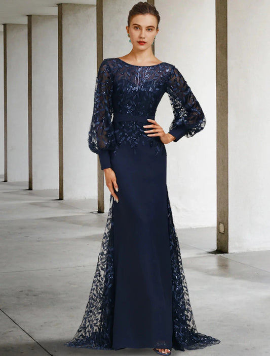 Mermaid / Trumpet Mother of the Bride Dress Wedding Guest Vintage Elegant Jewel Neck Sweep / Brush Train Chiffon Lace Long Sleeve with Sequin Ruffles Fall by YiHuiw
