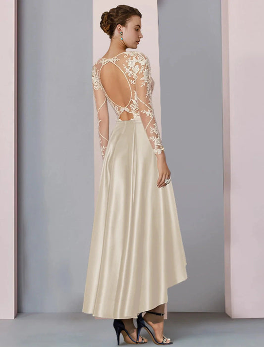 A-Line Mother of the Bride Dress Wedding Guest Elegant High Low Scoop Neck Asymmetrical Tea Length Satin Lace Long Sleeve with Pleats Beading Appliques by YiHuiw