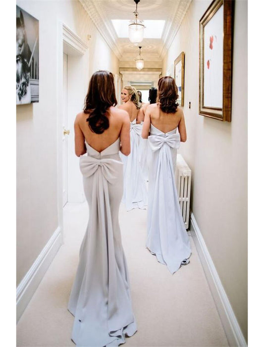 Mermaid / Trumpet Bridesmaid Dress Strapless Sleeveless Elegant Sweep / Brush Train Jersey with Bow(s) / Ruffles by YiHuiw