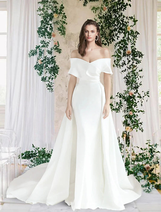 Hall Casual Fall Wedding Dresses Sheath / Column Off Shoulder Cap Sleeve Chapel Train Satin Bridal Gowns With Ruched 2025 Summer Wedding Party Women‘s Clothing by YiHuiw